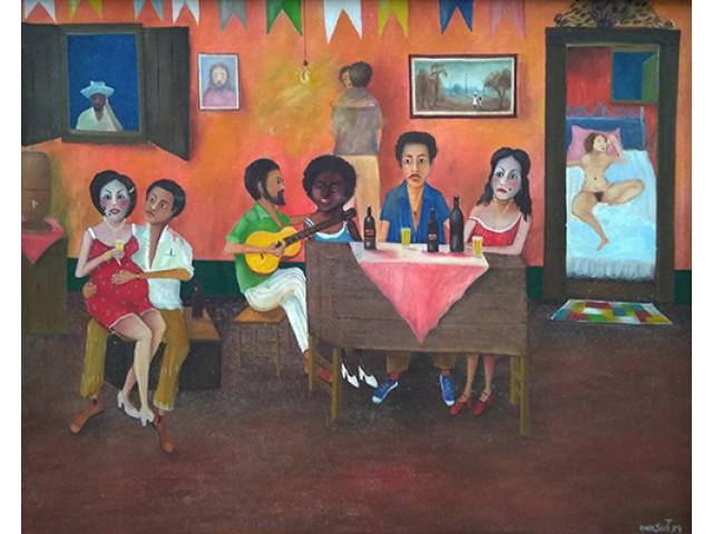 Omar Souto óleo sobre tela 73 x 92 cm “Cenas de Bordel II” ass. inferior direito 1979 Com selo da Secretária da Cultura, Ciência e Técnologia - Espaço das Artes de São Paulo /Etiqueta do II Salão Nacional de Artes Plástica
