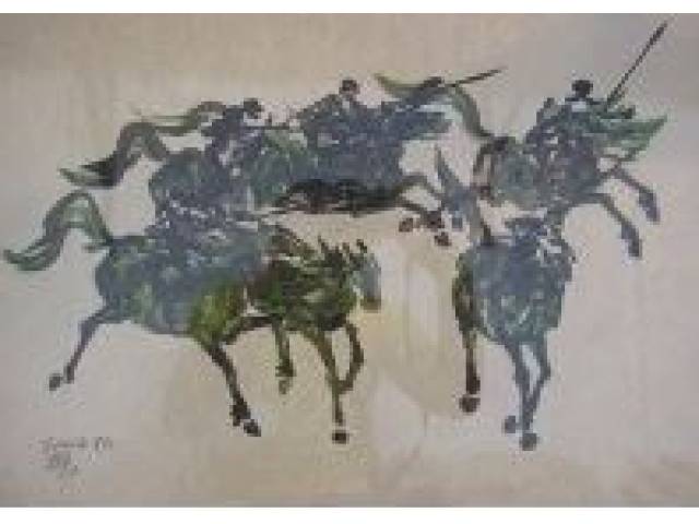 Fang, Chen Kong aquarela e sumiê sobre papel 35 x 50 cm "Cavalos" ass. Fang 1976