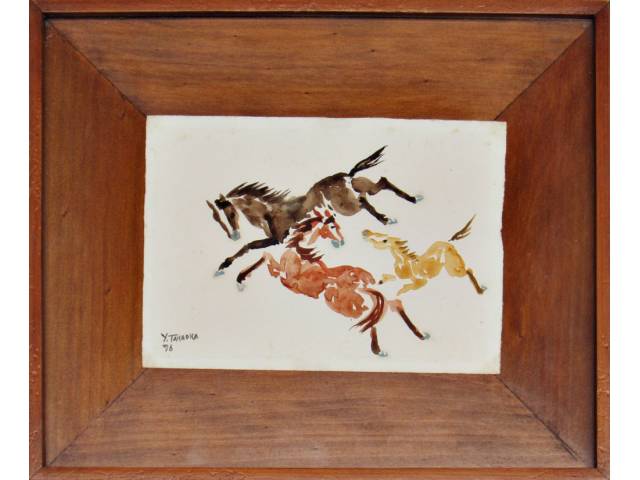 Yoshiya Takaoka aquarela sobre cartão 12 x 17 cm “Cavalos” ass. CIE 1976