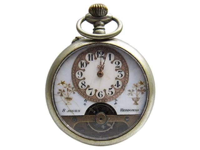 Relógio de bolso “Hebdomas Patent 8 Jours”, ajuste corda pela coroa, mostr. porc. números arábicos cx. Níquel, motivos florais espiral breguet. d = 4,8 cm, l = 1,3 cm – Suíça, séc. XX