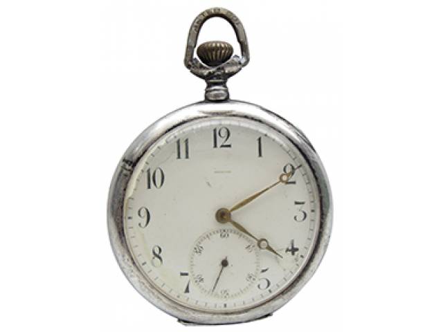 Relógio de bolso “Aviador 15 rubis”, ajuste corda pela coroa, mostr. porc. cx. prata sterling 900 e guilloché. d = 5 cm, l = 1 cm. (NE) – Suíça, séc. XX