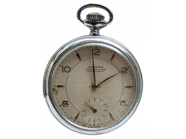 Relógio de bolso “Ancre 15 rubis”, modelo Atlantic Antimagnetic, ajuste corda pela coroa, mostr. porc. cx. níquel. d = 5 cm, l = 1 cm. - Suíça, séc. XX