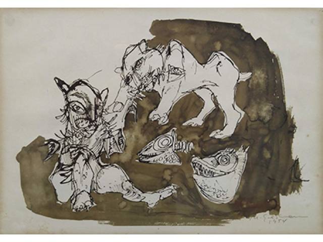Marcelo Grassmann Técnica mista sobre papel 29 x 40 cm “Felinos” ass. inferior direito 1954
