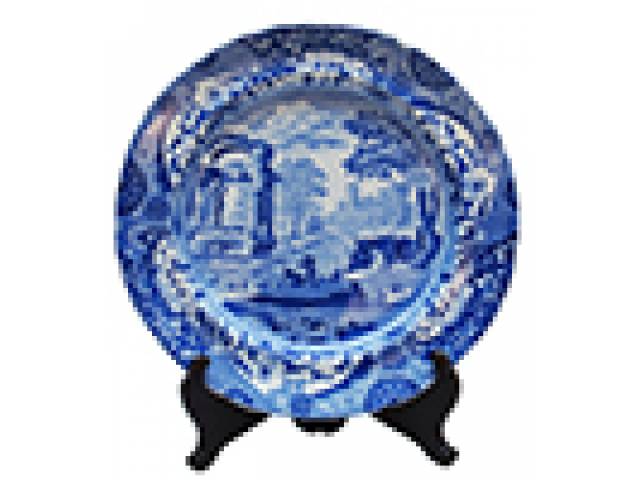 Prato faiança “Spode 27” decor. floral na borda e Itália ao centro na cor azul e branca. d = 26 cm - Inglaterra, séc. XIX