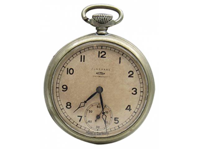 Relógio de bolso “Junghans Astra Stossgeschutzt”, ajuste corda pela coroa, mostr. porc. cx. Níquel. d = 4,5 cm, l = 1 cm. – Alemanha, séc. XX