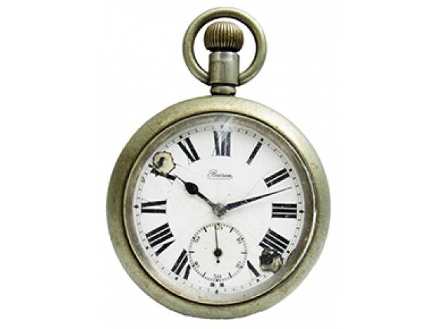 Relógio de bolso “Buren Lux 15 rubis”, ajuste corda pela coroa, mostr. romano porc. cx. níquel. “Dennison Watch Case Cº Ltd - England”. d = 5,5 cm, l = 1,5 cm - Suíça, séc. XX. No estado: máq. não funcionando.