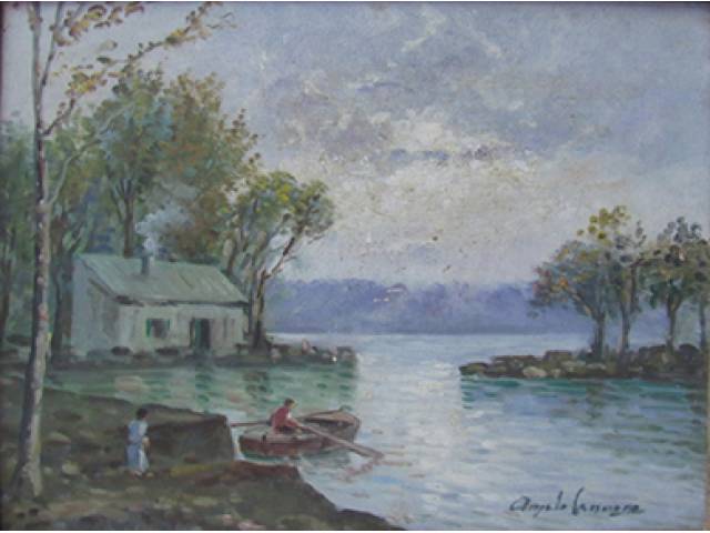 Ângelo Cannone óleo sobre madeira 22 x 27 cm "Lago d'Iseo" ass. CID