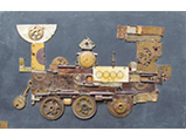 Shih Hwa assemblage 24 x 38 cm "Locomotiva" ass. CIE 1946 - Com cachê do artista - Premiére Biennale de Paris 1959 - 5ª Bienal de São Paulo - 4ª Xilogravura do Japão 1963