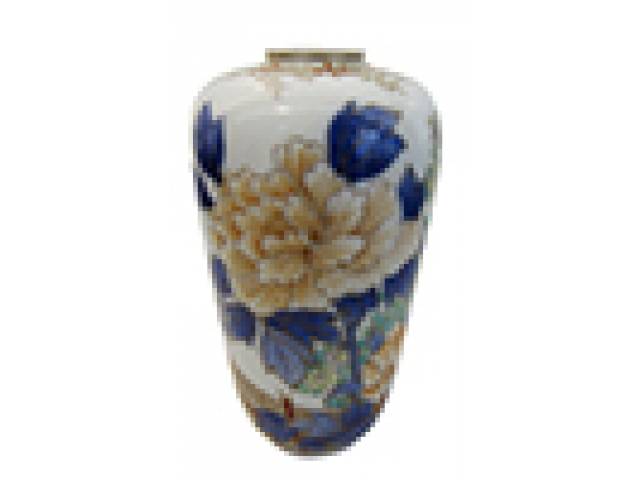 Floreiro porc. “Koransha” decor. floral pintada à mão azul e dourado. h= 11,5 cm - Japão, séc. XIX