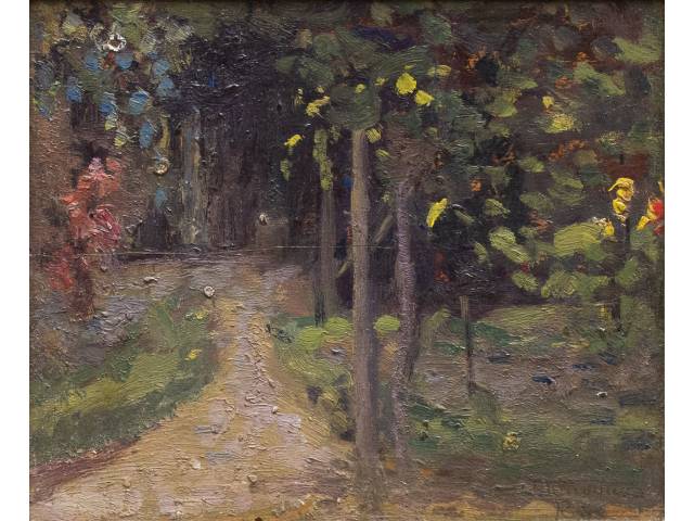 João Thimoteo da Costa óleo sobre eucatex 16 x19,2cm "Recanto do jardim" ass. CID com etiqueta do escritório de arte  Renato Magalhaes Gouveia