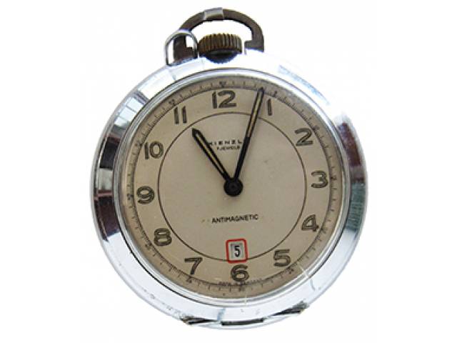Relógio de bolso “Kienzle 7 jewels antimagnético”, ajuste corda pela coroa, cx. níquel. d = 5,1 cm, l = 1 cm - Alemanha, séc. XX