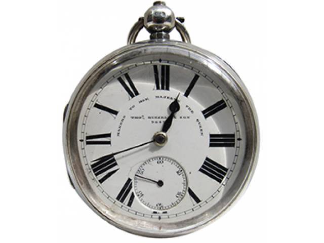 Relógio de bolso “Thomas Russel &Son”, ajuste corda interno, mostr. romano porc. cx. prata lei sterling Birmingham e guillhoché. d = 5,3 cm, l= 2 cm. - Inglaterra, séc. XIX (1898). Maquinário no estado