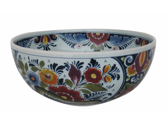 Bowl em porc. “Oud Delft factory” Vintage, reservas e motivos florais alternadas com forma de vaso e pintura policromada. 23 x 10 cm - Holanda, séc. XX