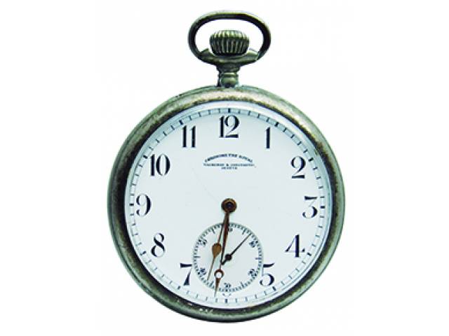 Relógio de bolso “Vacheron Constantin Chronometer Royal” ajuste corda pela coroa, mostr. porc. cx. níquel (não original). d = 5,6 cm e l = 1,2 cm. - maq. original Suíça, séc. XX