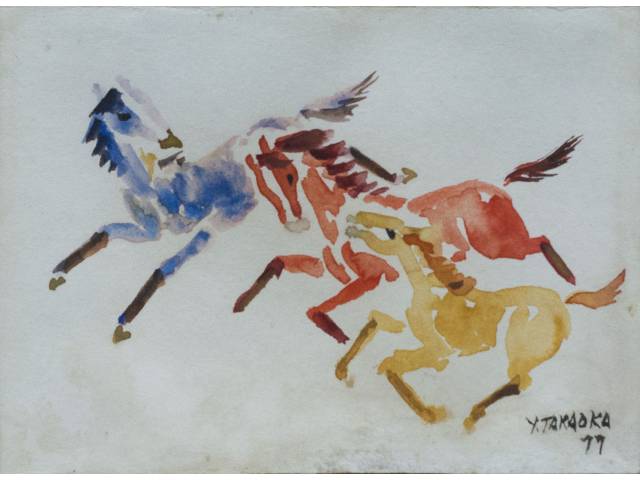 Yoshiya Takaoka aguada sobre cartão 12,5 x 17 cm “Cavalos” ass. CIE 1977
