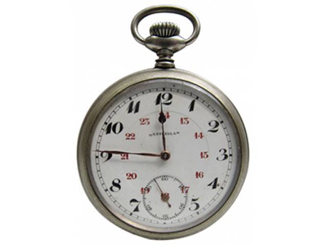 Relógio de bolso “Junghans Estrella”, ajuste corda pela coroa, mostr. porc. cx. níquel. d = 4,7 cm, l = 1 cm – Alemanha, séc. XX. NE: maq. não funciona.