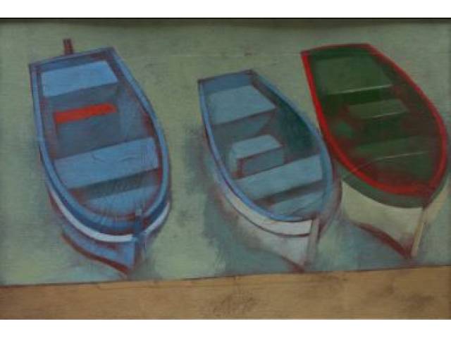 Carlos Scliar vinil e colagem encerrados sobre tela fixada em chapa de madeira 37x56 cm "Outra marinha com três barcos " ass centro inferior e verso  Cabo Frio /RJ13.9.86