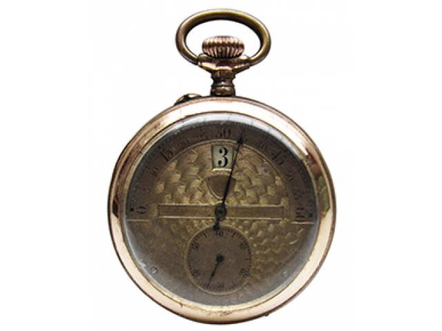 Relógio de bolso “Modernista Patent” modelo Saltarello, ajuste corda pela coroa, placa de ouro guilloché. d = 5 cm, l = 1,5 cm. - Suíça, séc. XIX/XX