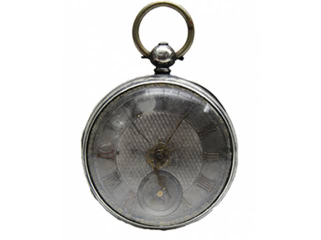 Relógio de bolso ajuste corda interna, mostr. romano dourado cx. prata Sterling, Londres e guillhoché, prateiro Percy Horace Arthur Whitehouse. d = 5,7 cm, l = 2,5 cm. Acompanha Case bronze mostr. cristal. d = 6 cm, l = 3 cm. (NE). - Inglaterra, séc. XX (1927)