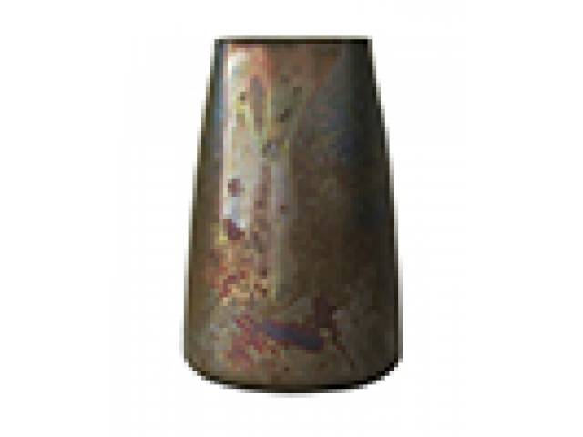 Floreiro cerâmica de influência “hispano-mourisca”, esmalte prata e oxidado de cobre feito de iridescência em forno defumado, na base ass. “Clément Massie - Golfe Juan (AM)”. h = 10 cm - França, final séc. XIX.