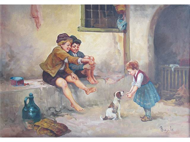 Basile  de Loose  óleo sobre tela 50 x 70 cm "Crianças  Brincando " ass. CID ( Escola Belga 1809- 1885)