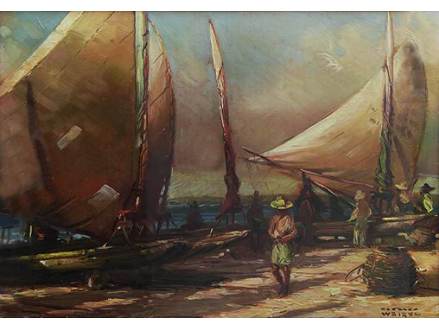 Rodolfo Weigel acrílica sobre tela 12 x 18 cm “Jangadas em repouso” ass. inferior direito - Ceará - Brasil