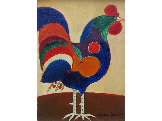 Aldemir Martins óleo sobre tela 23 x 18 cm "Galo" ass. CID e verso junho-1970