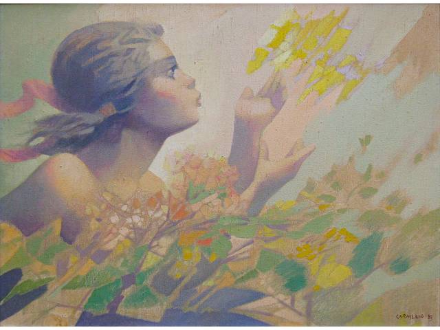 Carmélio Cruz óleo sobre juta 54 x 73 cm "Libertação" ass. CID e verso 1983