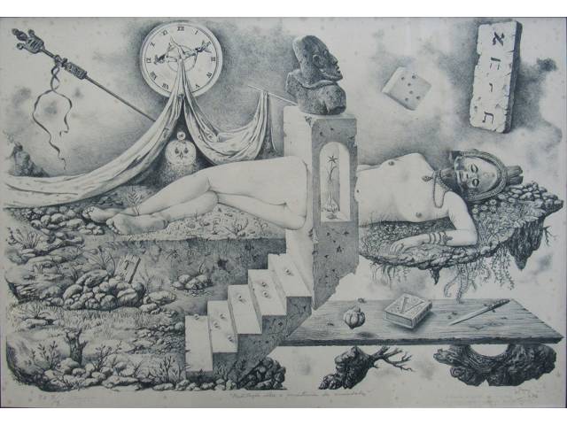 Otávio Araújo litografia 45 x 62 cm "Meditação sôbre a persistência da ansiedade " ass. CID  1973 t. III/X, apresenta pequenas partes com fungos