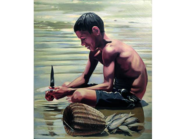 Claudio Canato óleo sobre tela, 120 x 100 cm "Limando peixe" 2001