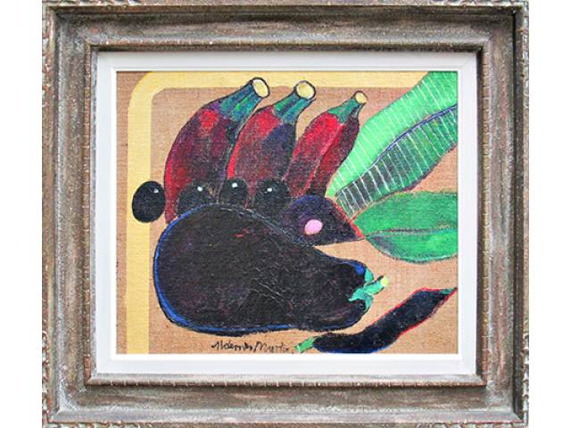 Aldemir Martins acrílica sobre juta 50 x 60 cm ”Frutas e Berinjela” ass. centro inferior e verso 1997