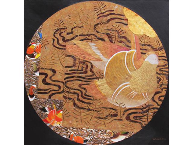 Kazuo Wakabayashi óleo e folha de ouro sobre tela 100 x 100 cm "Pássaros" ass: CID e verso 2008 etiqueta "A Galeria", ex-coleção Waldemar Szaniecki