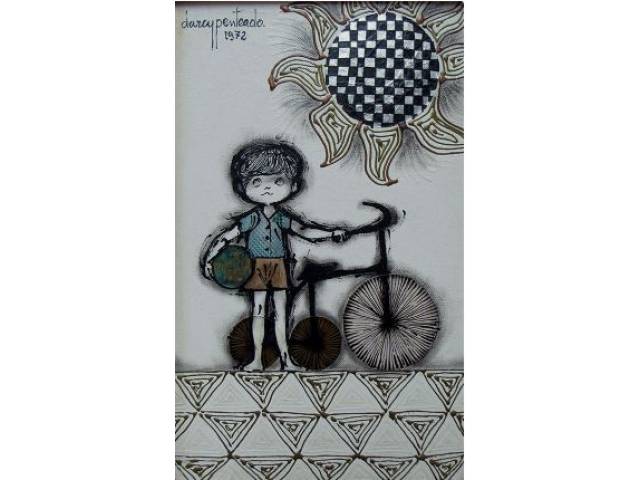 Darcy Penteado pintura e colagem sobre tela 35 x 22 cm " menino e sol xadres "ass CSD e verso   1972 etiqueta Galeria  Augôsto e Augusto 261