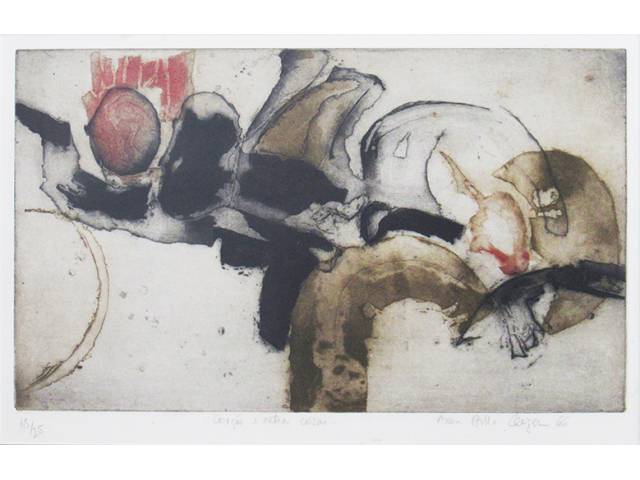 Anna Bella Geiger gravura 33 x 52 cm "Coração e outras coisas" ass. CID t. 18/25 1966 recorte sobre o trabalho da Artista no verso, coleção Martin Wurzmann