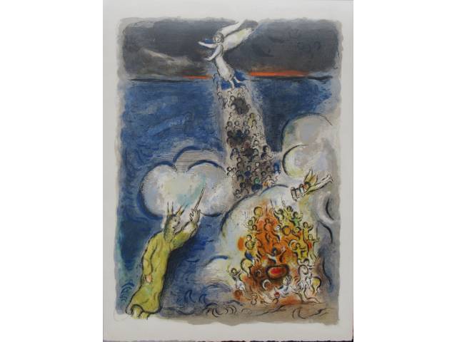 Marc Chagall litogravura a cores 51 x 37 cm “The Story of the Exodus: Then Moses stretched forth his handsupon the Sea...,1966” não assinada reproduzida no catálogo “Chagall: Lithographe 1962-1968” nº153. Esta litogravura faz parte de uma série de vinte e quatro litogravuras coloridas, criadas em 1966, conhecidas como: “TheStory of the Exodus” sendo que foram feitas 250 cópias de cada desenho. Acompanha certificado de autenticidade, emitido pela “Galerie Michael” - Rodeo Drive/Beverly Hills - Califórnia. Acompanha xérox do catálogo raisonné.
