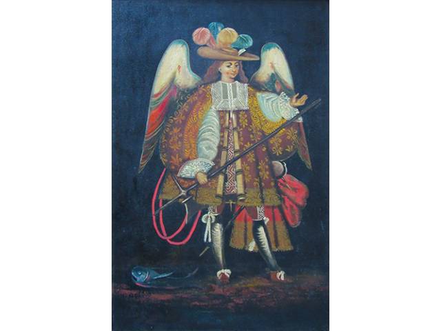 "Cusquenho" óleo sobre tela 60 x 40 cm "São Rafael Arcanjo" não assinada