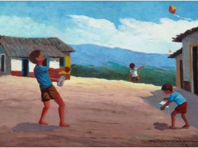 Pedro Correia óleo sobre eucatex 30 x 40 cm "Brincando com Pipa" ass. CID