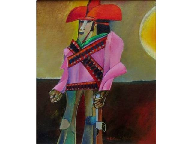 Aldemir Martins acrílica sobre tela 35 x 27 cm "Cangaceiro" ass. CID Abril-1974  etiqueta Galeria Augôsto e Augusto