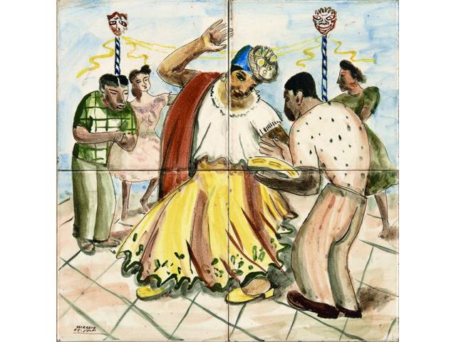 Alfredo Volpi tinta sobre azulejo, 30 x 30 cm "Sem título (série Osirarte)" década de 1940 - Participou da exposição e está registrado no catálogo Osirarte: pinturas sobre azulejo, 1985.