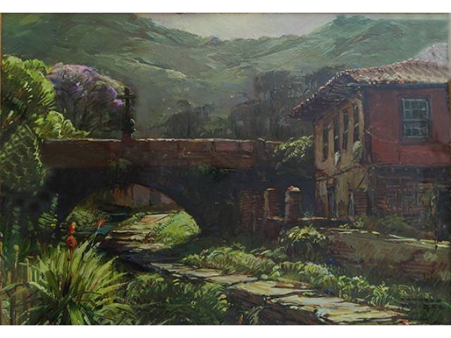 Rodolfo Weigel acrílica sobre tela 12 x 18 cm “Paisagem” ass. inferior direito