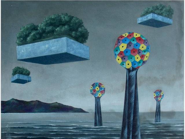 Walter Levy  óleo sobre tela 55 x 75 cm "Paisagem Surreal " ass. CIE 1983