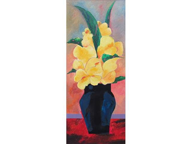 Aldemir Martins acrílica sobre tela 85 x 35 cm “Vaso com flores amarelas” ass. CID e verso mai/1988