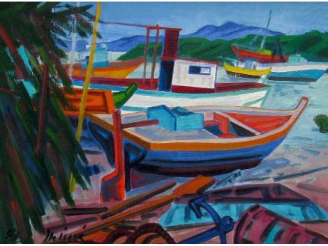 Inimá de Paula óleo sobre tela 61 x 45 cm "O Pequeno Estaleiro" Porto Seguro Bahia 1987 - obra reproduzida no livro Inimá de Paula de autoria de Frederico de Morais pag. 75 fig. 61