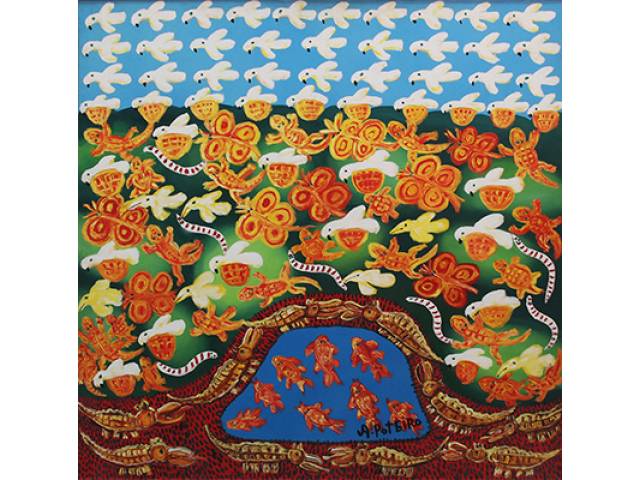 Antônio Poteiro acrílica sobre tela 100 x 100 cm “Fauna” ass. centro inferior 2005 com certificado de Américo Batista de Sousa Neto, filho do Artista