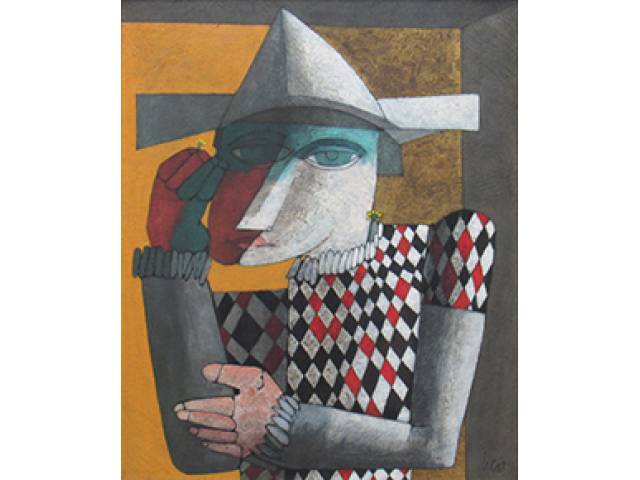 Inos Corradin óleo sobre tela 65 x 50 cm “Pierrot” ass. CID etiqueta "Galeria de Arte André" no verso