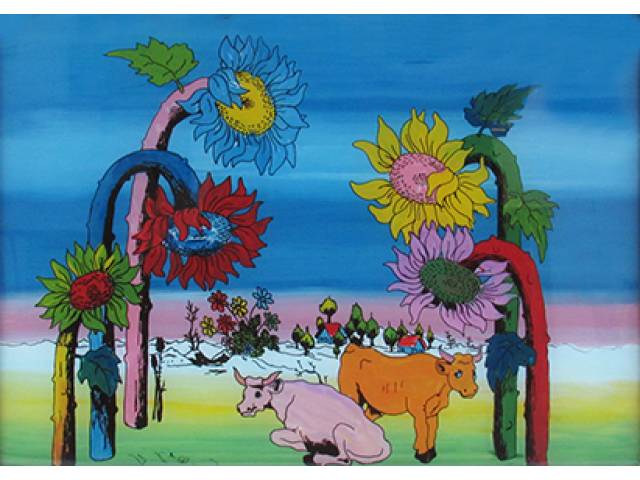 O.S.V. 30 x 40 cm “Girassóis e vacas”, ass. CIE - Europa, séc. XX, artista não encontrado