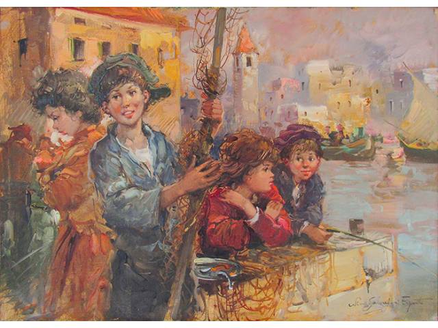 Wina Salvatore Espírito óleo sobre tela 50 x 70 cm "Crianças Pescando no Porto" ass. CID