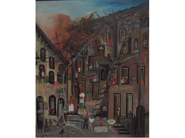João Alves óleo sobre tela 100 x 81 cm "Casario com Bombeiros" ass. CIE e verso 1962