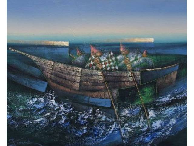 Ferracioli, Luiz Carlos  óleo sobre tela 80 x 100 cm " Barcos  e figuras" ass. CIE e verso  11/91