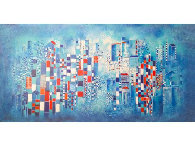 Miriam Nigri Schreier acrílica sobre tela 85 x 170 cm "Construções" ass. Verso 2019